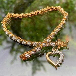 Vintage 90's 2tone diamond illusion tennis bracelet dangle diamond heart charm